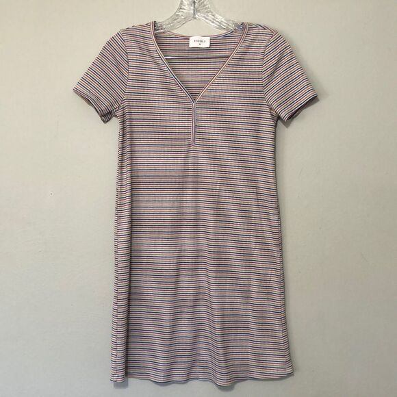 Everly Womens S Small Striped V Neck Short Sleeve Relaxed Fit Mini Casual Dress - Picture 3 of 6